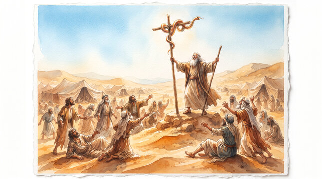 Moses lifting a shining bronze serpent high upon a wooden pole in the center of the desert camp, with afflicted Israelites looking upon it in faith and being healed.