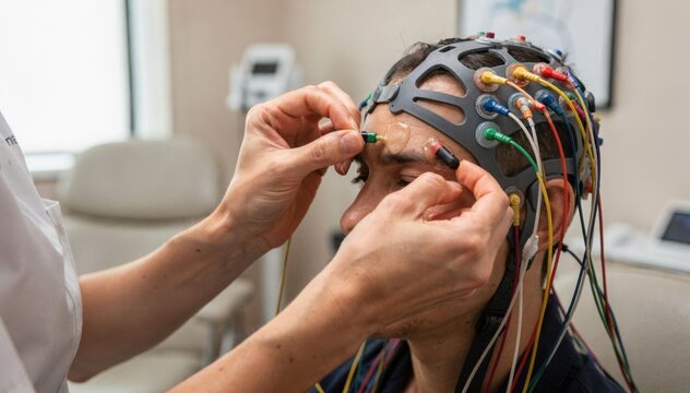 Clinician adjusts color coded electrode leads and conductive gel on a wireless neurofeedback cap during a brain activity monitoring session.