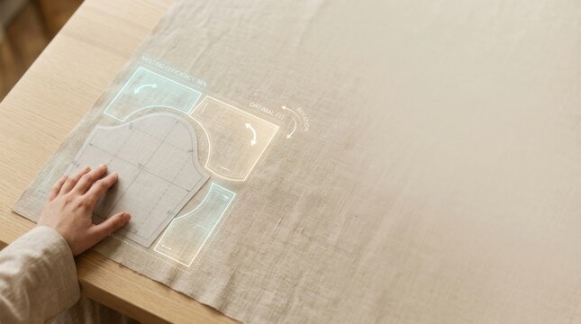 Person's hand repositioning garment pattern on table to illustrate ai-assisted made-to-order fashion manufacturing techniques and trends