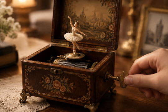 Vintage mechanical music box with a ballet dancer figurine, key being turned.