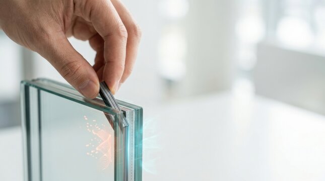 A person's hand fitting a window spacer made of energy-efficient glazing for commercial building decarbonization efforts