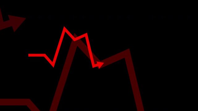Red arrow line showing volatile financial chart fluctuation on black background
