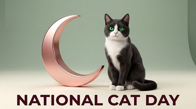 National Cat Day photo, black and white tuxedo cat with green eyes. Rose gold crescent moon sculpture, sage green studio background.