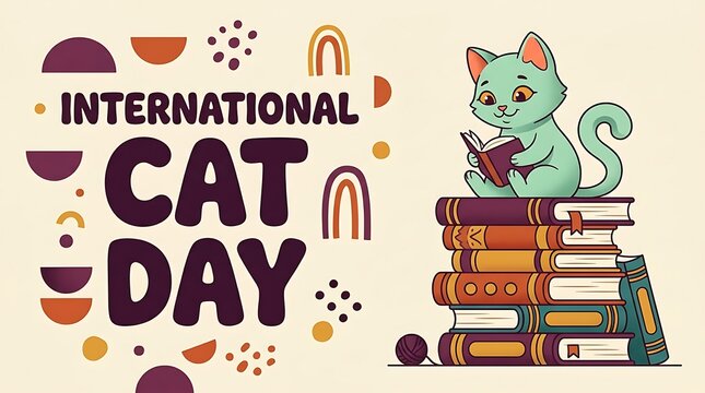 International Cat Day greeting card illustration, cute mint green kitten reading a book stacked on colorful vintage books, retro Memphis style typography and geometric shapes