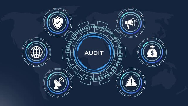 Digital audit concept featuring animated hud interface with global business financial compliance symbols, data security shields, and strategic marketing on a dark map background