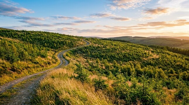 Restored hillside forest plantation with young tree saplings, native grasses, winding dirt access road, and open blue sky at sunset.