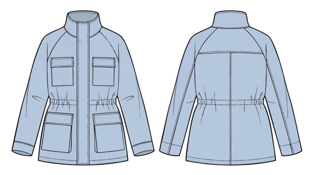 Light blue technical jacket with front and back technical drawing, concept for fashion design specification, apparel manufacturing and clothing catalog creation