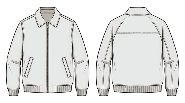 Minimalist fashion template with front and back technical jacket sketches, concept for modern apparel design, clothing manufacturing and custom streetwear collections