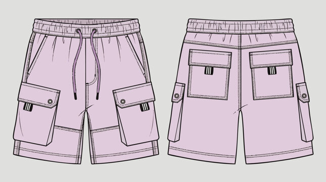 Lilac cargo shorts featuring front and back technical garment sketches, concept for modern apparel manufacturing, fashion design portfolio presentation and retail clothing cataloging