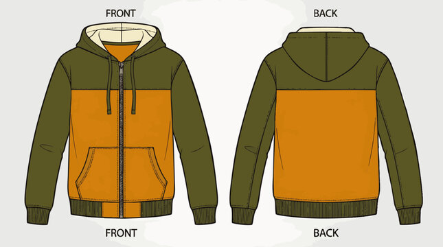 Green orange hoodie with front zipper and hood drawstrings, concept for modern apparel design, fashion manufacturing and custom clothing line production