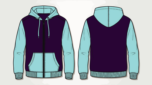 Modern athletic hoodie with front and back view technical drawing, concept for fashion design template, garment manufacturing, and apparel mockups presentation