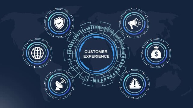 Digital customer experience interface featuring animated global business financial growth symbols, and data connectivity hud on a dark blue map background, for corporate presentations