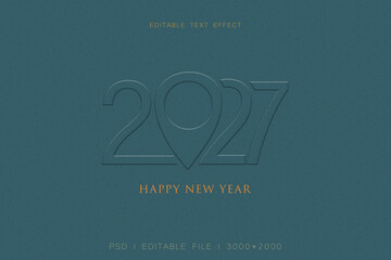 2027 happy new year text effect with a map location pin icon, elegant embossed typography design on a dark teal textured background for holiday greeting cards and posters © Editable Stroke