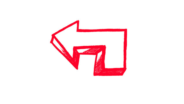 Red angular left arrow for creative design projects, a clean hand-drawn visual asset with simple expressive lines and a clear recognizable shape on a plain white background. This versatile minimalist 