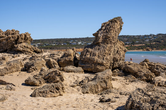 Weathered rock formations at Point Roadknight beach in Anglesea, Victoria, Australia, with heavily eroded and pitted rock outcrops rising from beach, the regional township and headland across the bay.