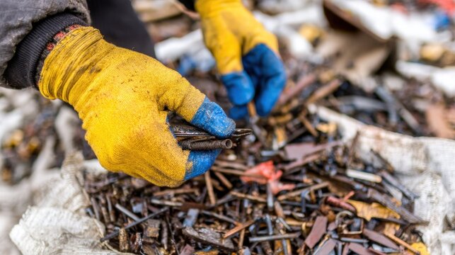 Construction laborers separating rubble, scrap metal, lumber, and crushed concrete for industrial jobsite recycling.