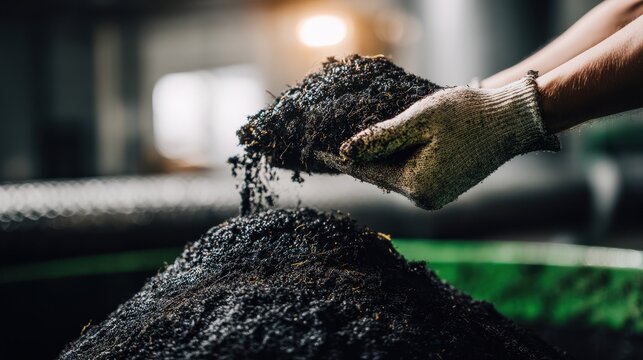 Close view of hands scooping moist sewage sludge compost highlighting texture and organic transformation in a controlled composting environment.