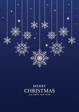 Elegant navy blue christmas greeting card template with hanging white line art snowflake ornaments