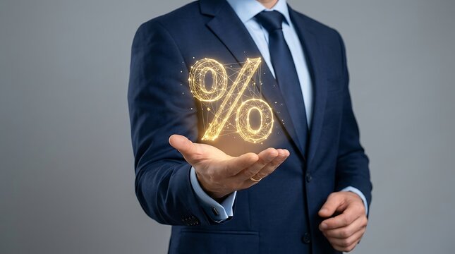 Businessman holding a glowing digital percentage symbol