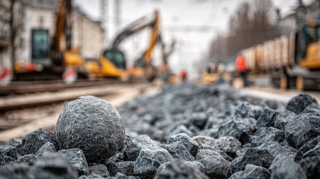 Crushed granite rock ballast under heavy railway tracks providing solid foundation, drainage, and structural support during maintenance.