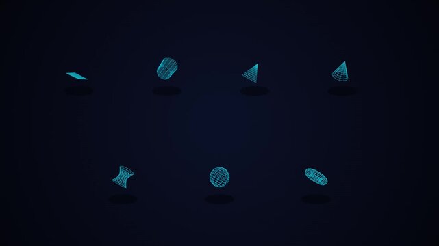 Set of 3d wireframe geometric shapes including cylinder, sphere, torus, cone, and plane floating against a dark blue background