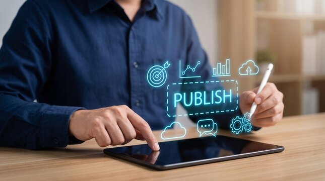 Professional person interacting with digital publishing holographic user interface
