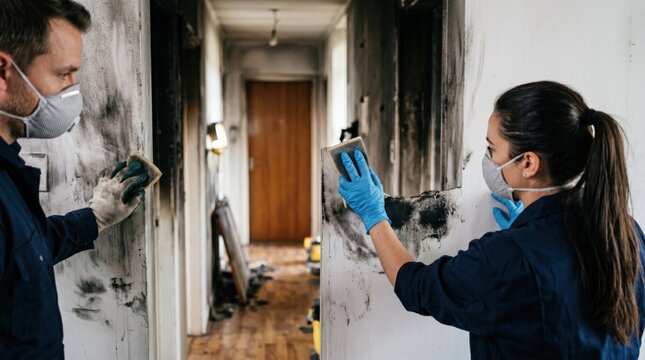 Cleaning experts in medium shot removing fire damage soot from a hallway wall hands in sharp focus as the corridor fades into a gentle blur behind.