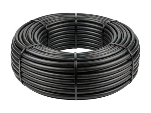 Coil of black plastic pipe isolated on a transparent background