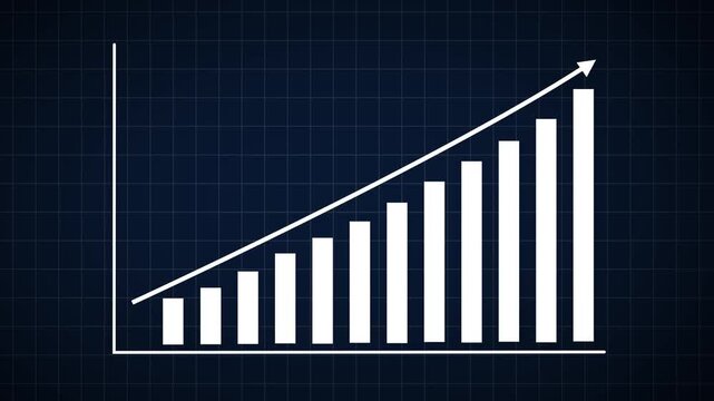 Animated financial bar chart showing consistent upward growth and positive market trends with rising white bars and trendline arrow on a dark grid background, for corporate data analysis