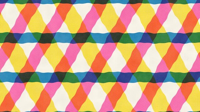 An ink roller carries red, blue and yellow overprint stripes across a textured risograph background in a seamless 4K loop.