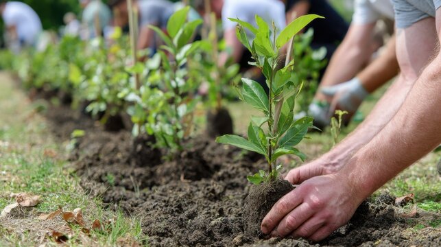 Volunteers plant young trees in a community park to restore green space, support biodiversity and advance environmental conservation.