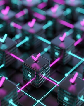 Encrypted servers connect through firewall nodes with cyan and magenta checkmarks, representing network authentication and data protection.