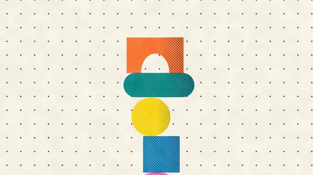 Bright geometric shapes stack into a balanced risograph composition with offset ink texture in a seamless 4K loop.