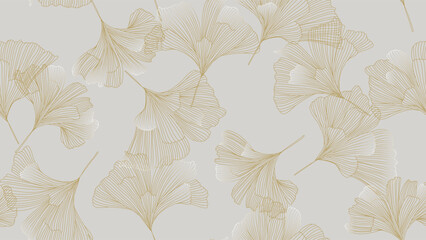 Plakat Botanical seamless pattern features hand-drawn gold line art of ginkgo biloba leaves on a light gray background