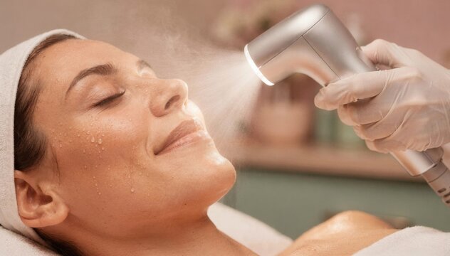 Esthetician using a handheld warm steam device on a female client during a revitalizing facial treatment in a serene wellness spa.
