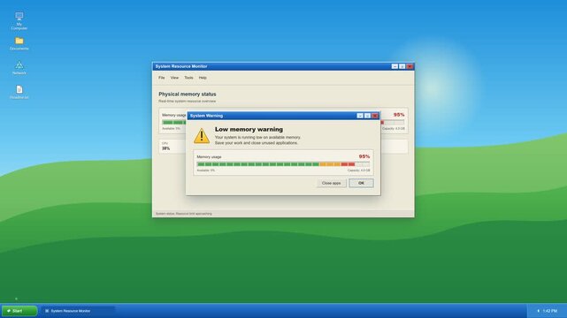 Retro Computer RAM Monitor Displaying Memory Usage and Low Memory System Warning