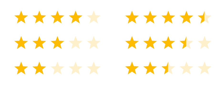 Set of golden yellow star rating icons in six rows showing different review scores from two to four and a half stars