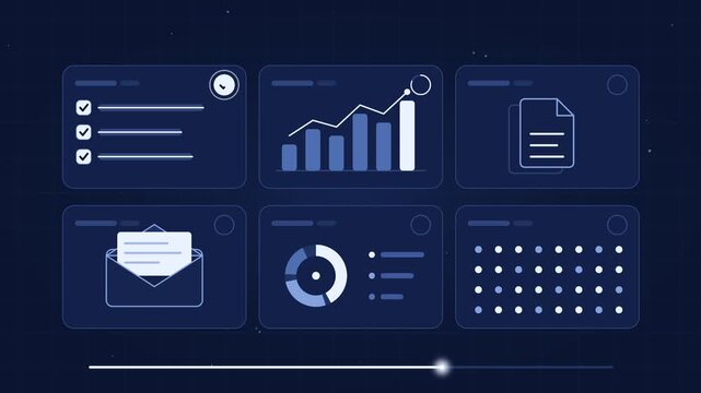 Digital data dashboard interface with animated task progress icons