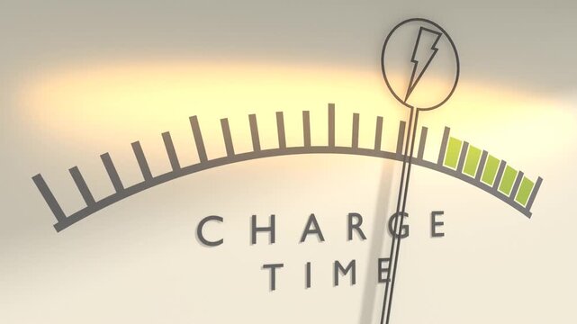 A gauge meter features a scale and a lightning bolt icon on the needle. The label charge time symbolizes battery charging speed.
