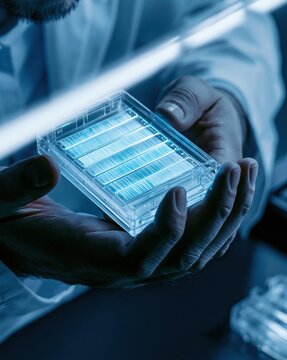 Engineer examines uniform nanofiber membranes in a clear sample holder for solid state battery electrolyte and separator research.