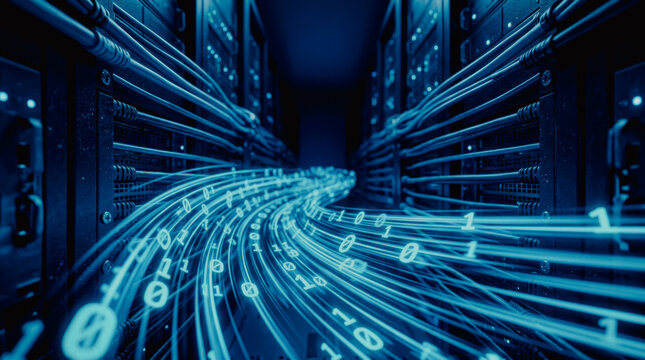 Digital data stream with binary code in server room
