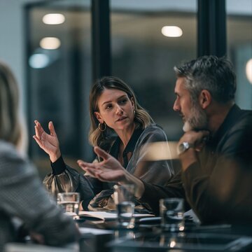 Two colleagues talk animatedly across a boardroom table beside water glasses while a grey-haired man listens attentively.