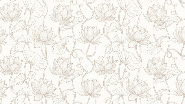 Elegant lotus flower line art seamless pattern on white background
