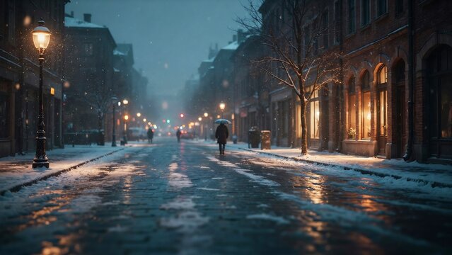 A lone person walking down a snowy cobblestone street in a historic european town at night under the glow of street lamps