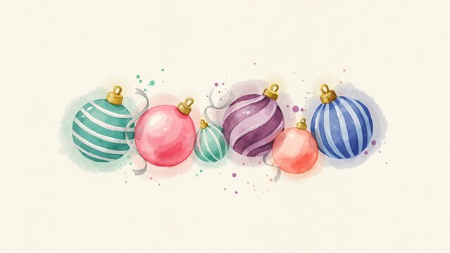Watercolor christmas baubles in a horizontal row with festive colors and patterns on a light cream background, for holidays