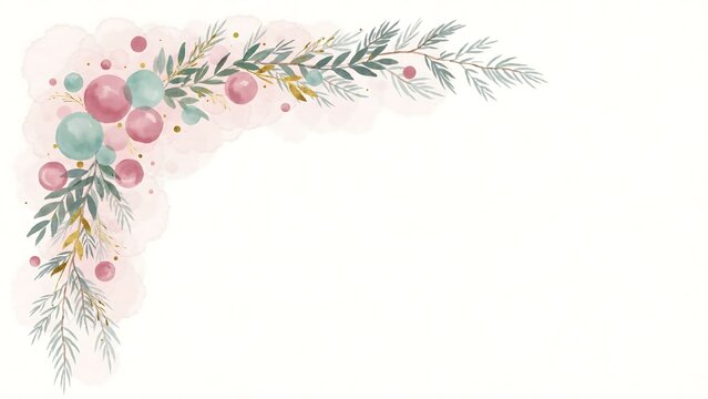 Watercolor christmas corner border with pine branches, baubles, and berries on a soft pastel pink background for