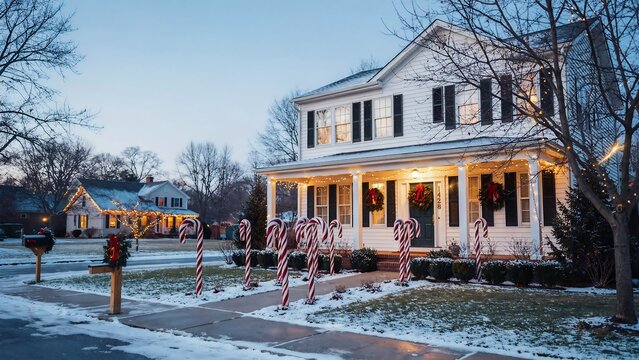 Suburban house decorated for christmas with candy cane pathway lights and wreaths on windows during a snowy evening
