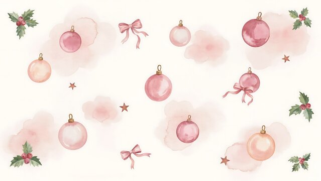 Watercolor christmas pattern with pink baubles, holly leaves, and ribbons on a white background, for festive holiday, wrapping paper