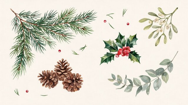 Watercolor of christmas botanical including pine branches, pinecones, holly berries, and mistletoe
