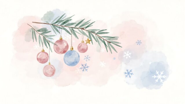 Watercolor pine branch with hanging christmas baubles and snowflakes on a soft pastel pink and blue background, for holidays
